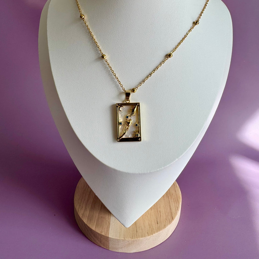 18k Gold Filled Mother of Pearl Tarot Card Necklace | Celestial Heart Hands Pendant | Satellite Chain Necklace