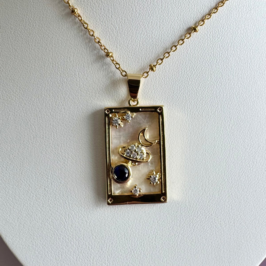 18k Gold Filled Mother of Pearl Tarot Card Necklace | Celestial Planet & Moon Pendant | Satellite Chain Necklace