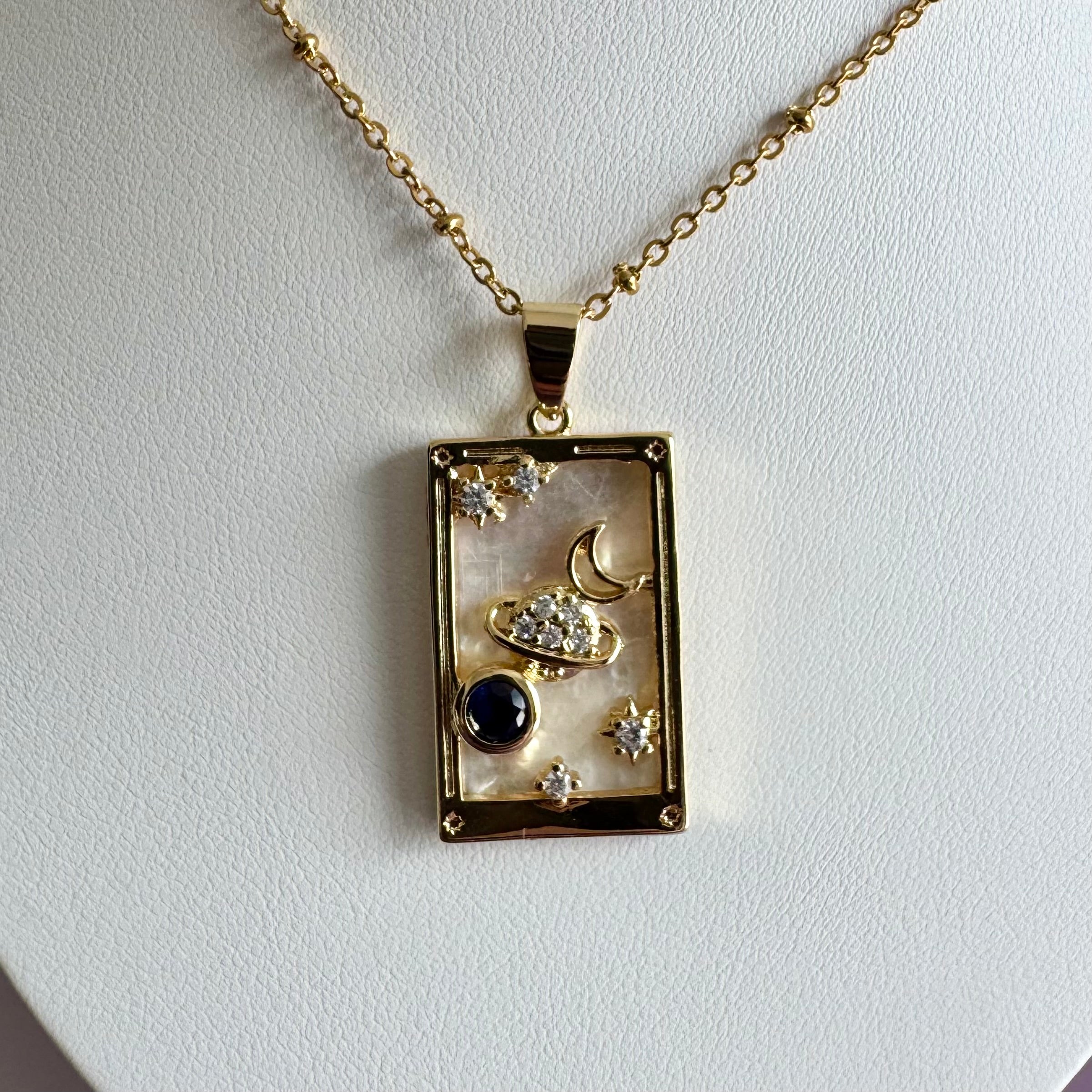 18k Gold Filled Mother of Pearl Tarot Card Necklace | Celestial Planet & Moon Pendant | Satellite Chain Necklace