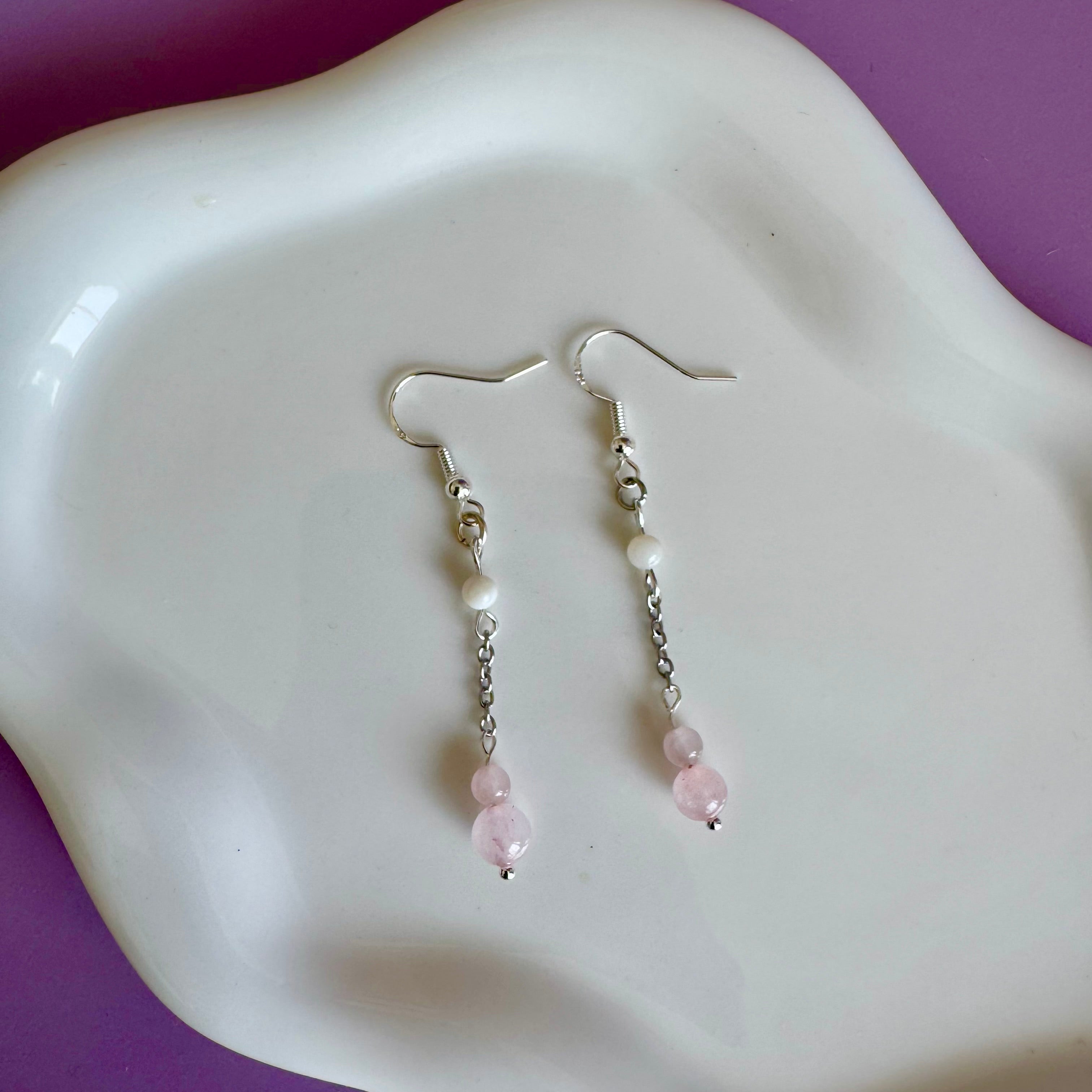 Rose Quartz and Pearl Stainless Steel Drop Earrings