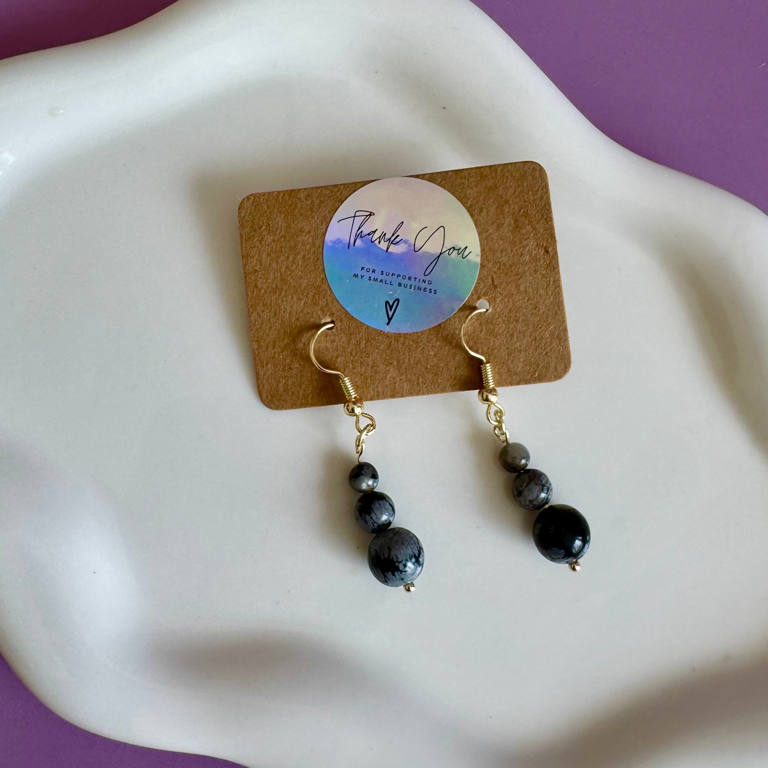 18k Gold Filled Snowflake Obsidian Drop Earrings