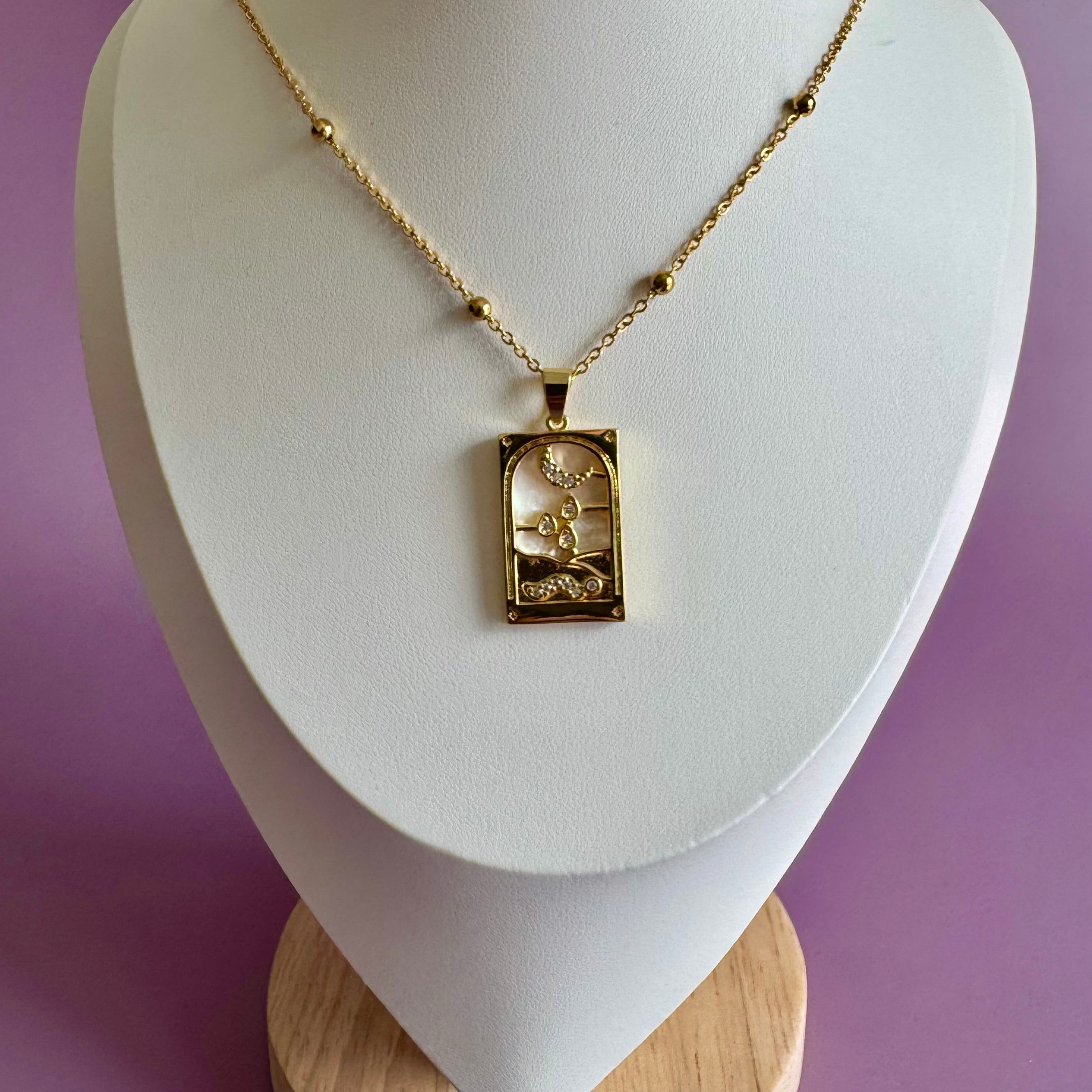 18k Gold Filled Mother of Pearl Tarot Card Necklace | Moon & Snake Pendant | Satellite Chain Necklace