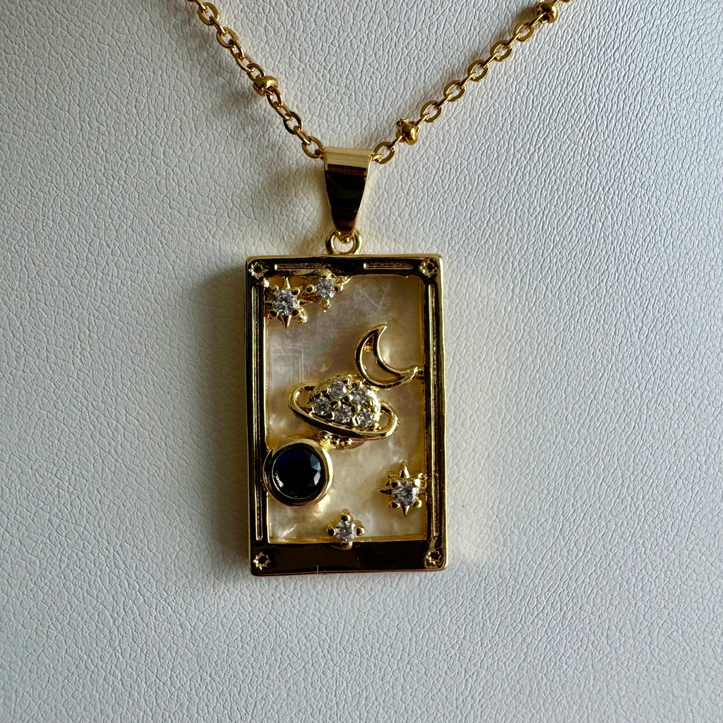 18k Gold Filled Mother of Pearl Tarot Card Necklace | Celestial Planet & Moon Pendant | Satellite Chain Necklace
