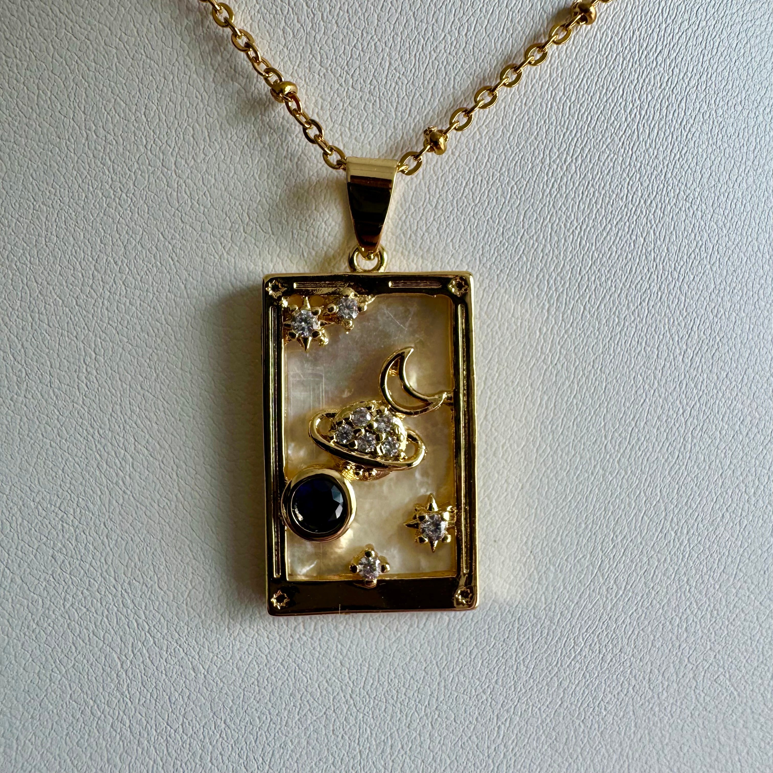 18k Gold Filled Mother of Pearl Tarot Card Necklace | Celestial Planet & Moon Pendant | Satellite Chain Necklace
