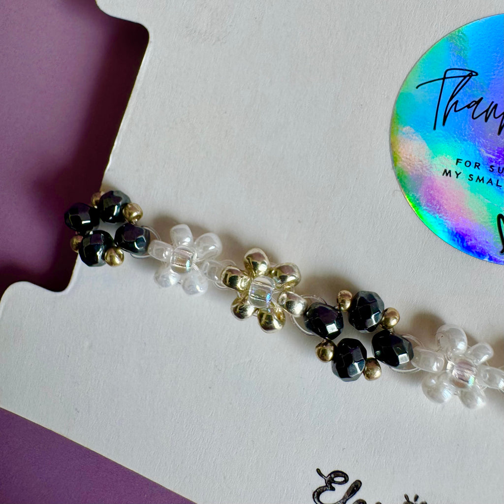 Black and White Flower Bracelet with Hematite | Sterling Silver