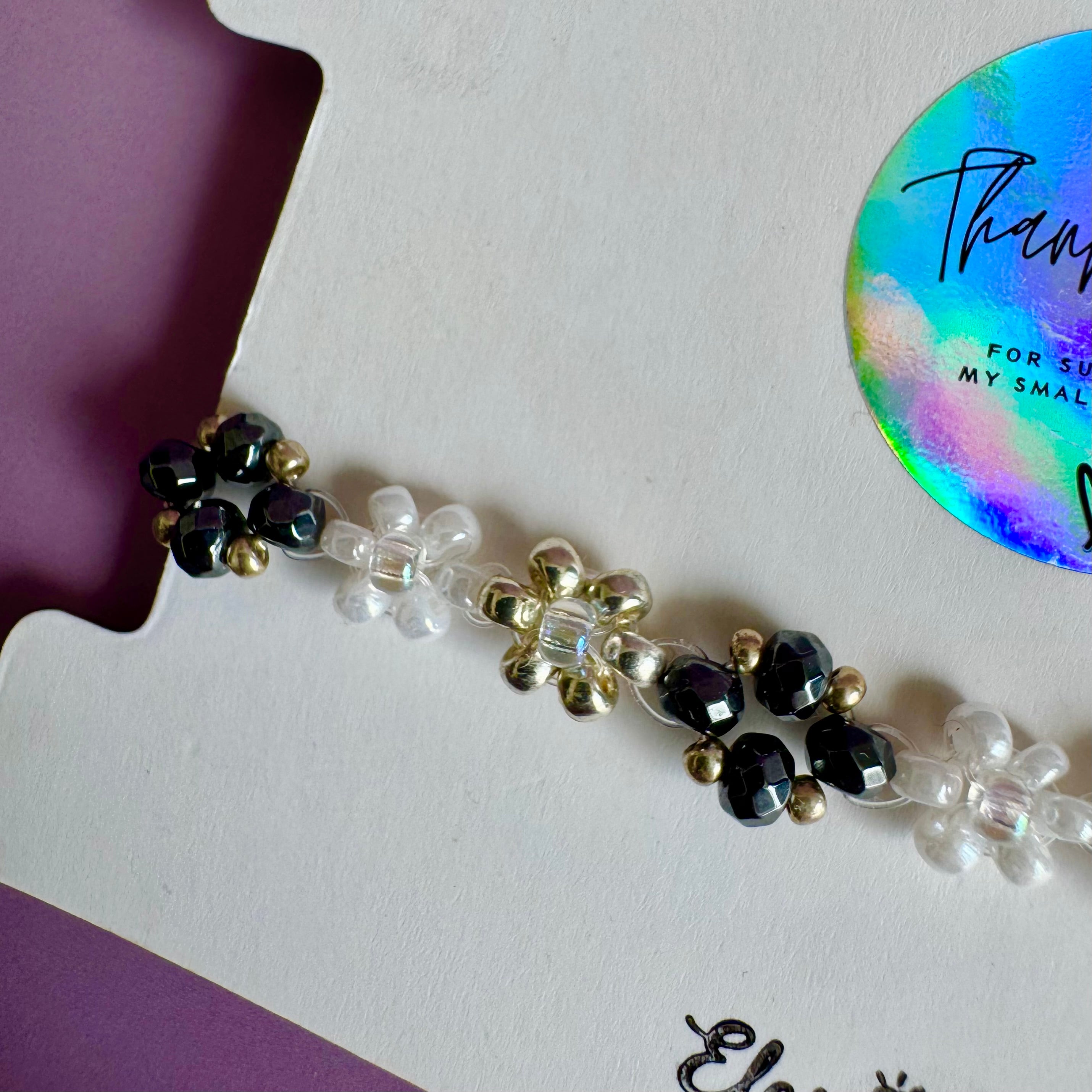 Black and White Flower Bracelet with Hematite | Sterling Silver