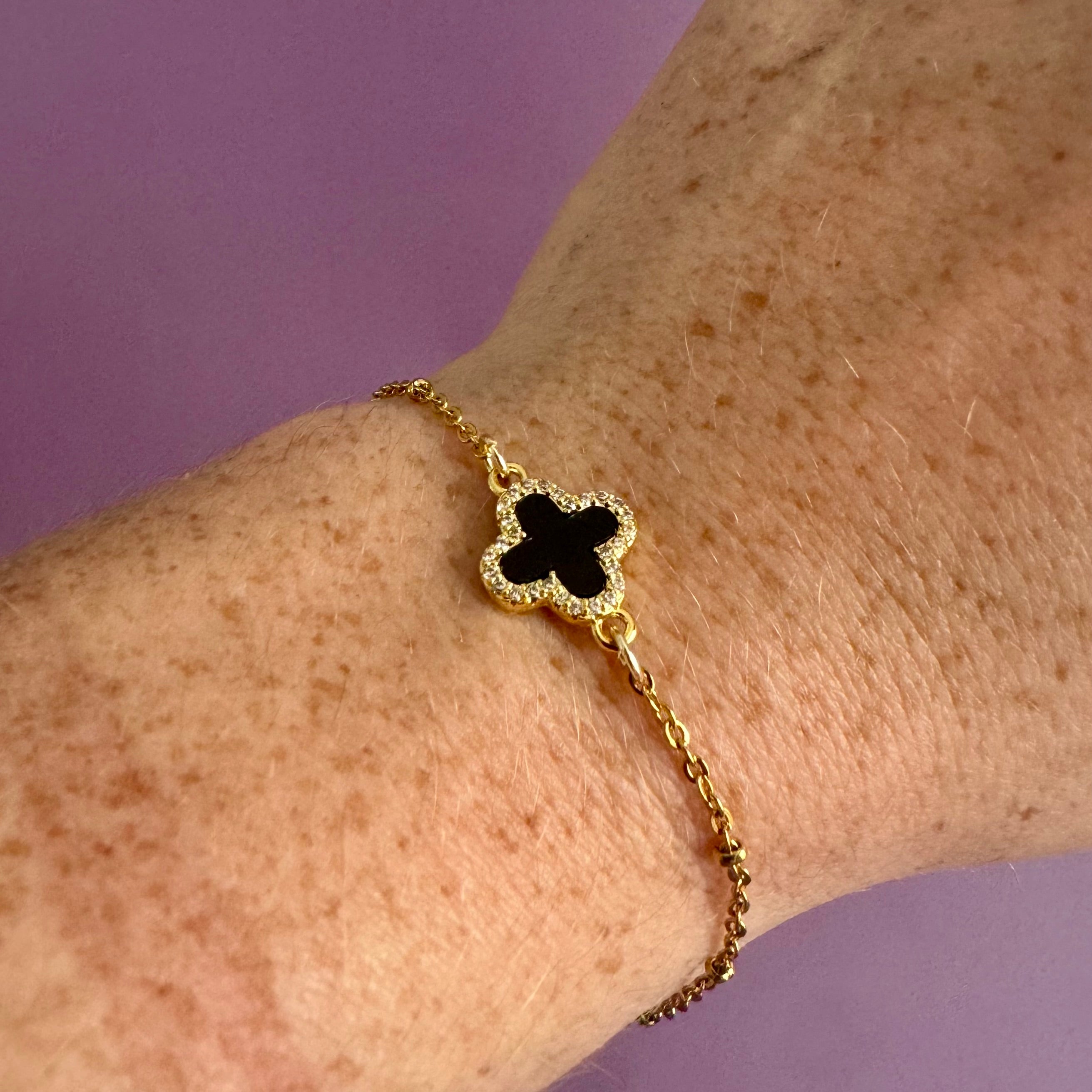 Gold-Filled Black Clover Lucky Charm Bracelet – Dainty Satellite Chain Jewellery