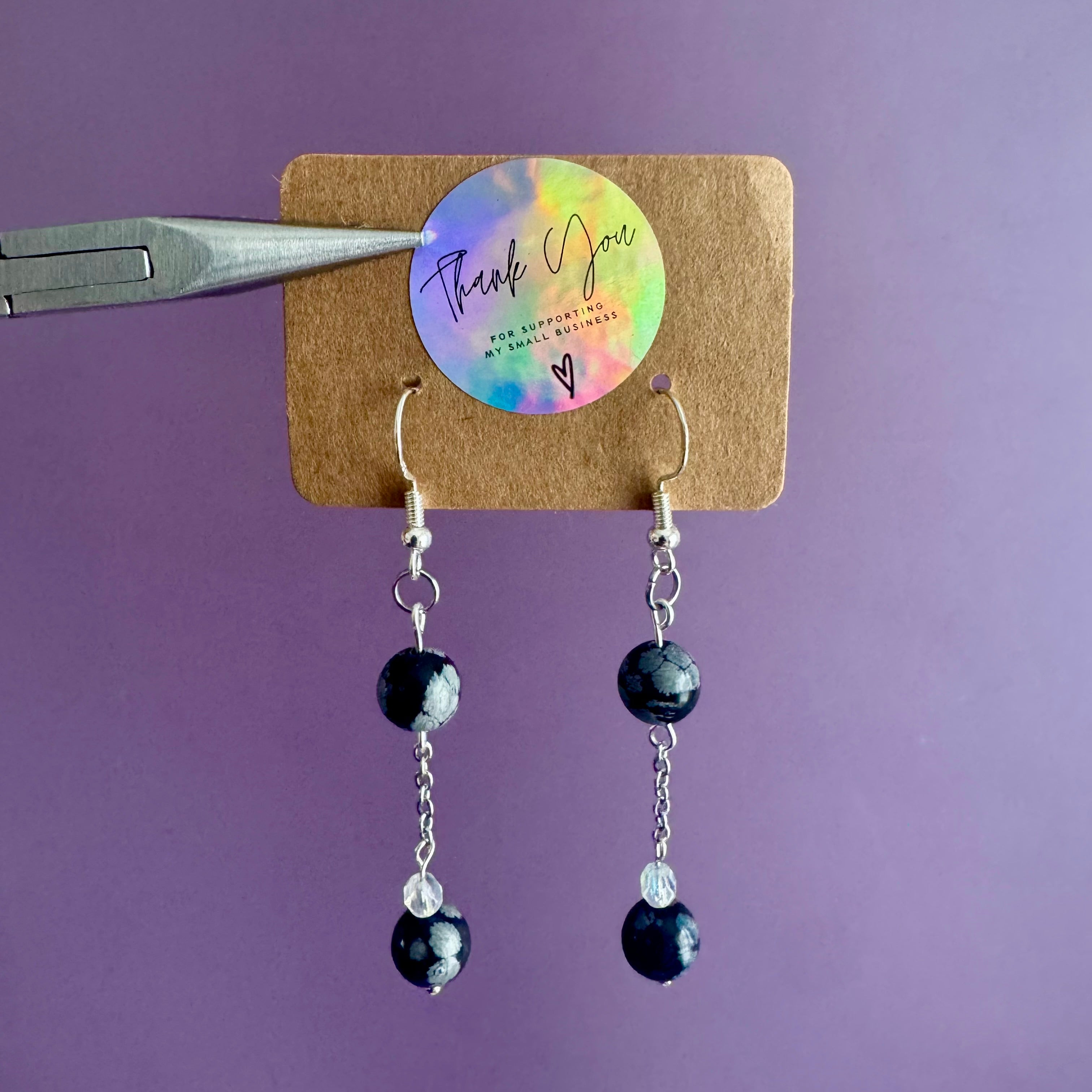 Stainless Steel Obsidian Drop Earrings