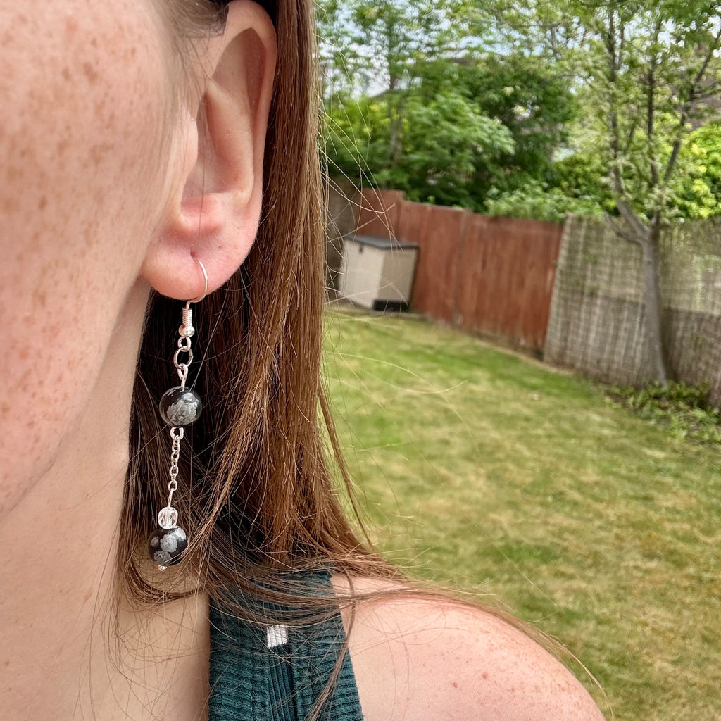 Stainless Steel Obsidian Drop Earrings