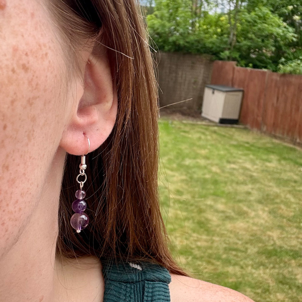 Stainless Steel Purple Amethyst Tiered Drop Earrings