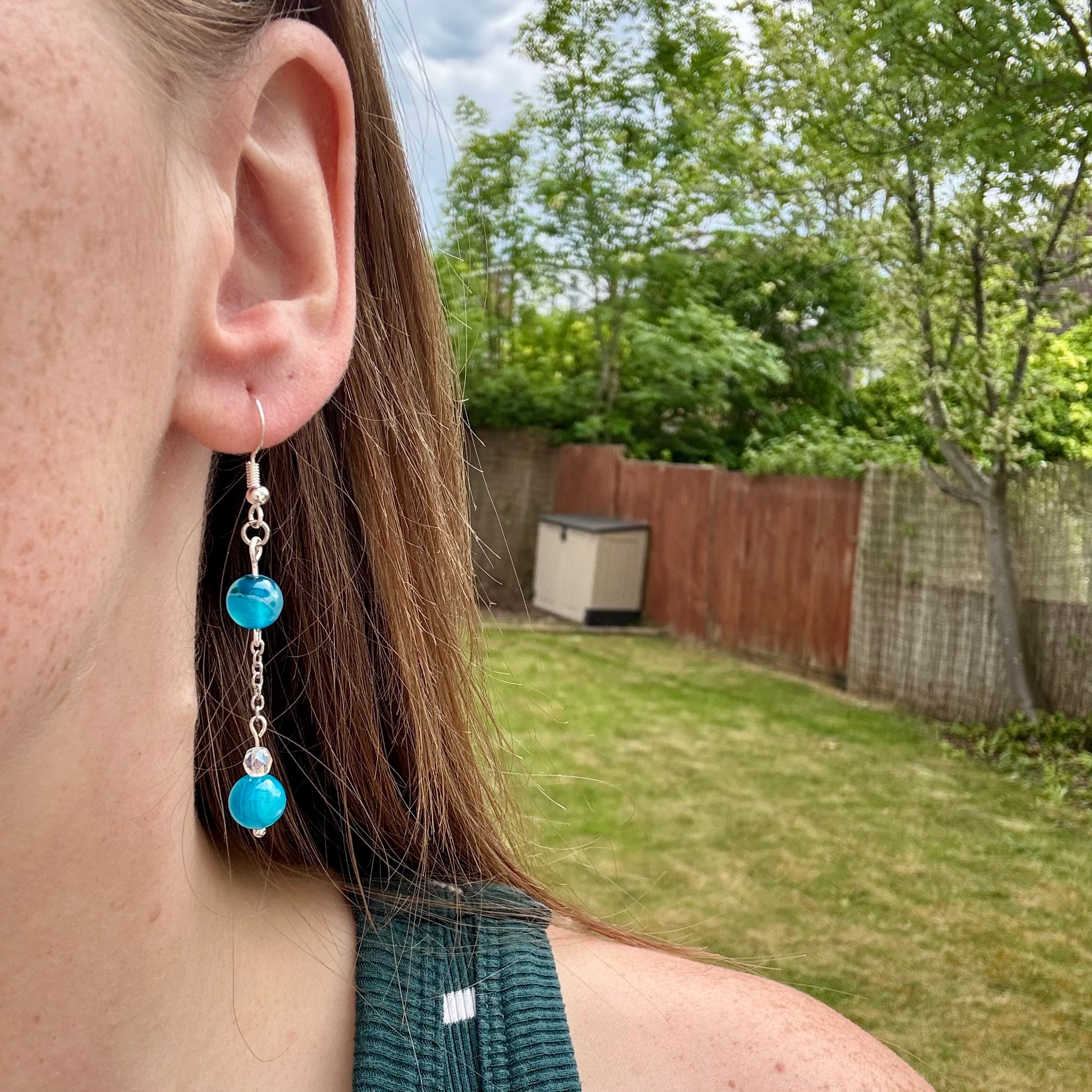 Blue Agate Stainless Steel Drop Earrings