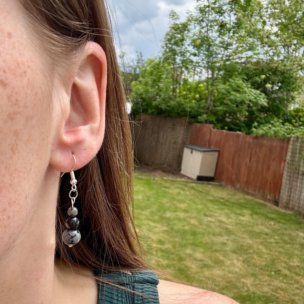 Stainless Steel Snowflake Obsidian Tiered Drop Earrings