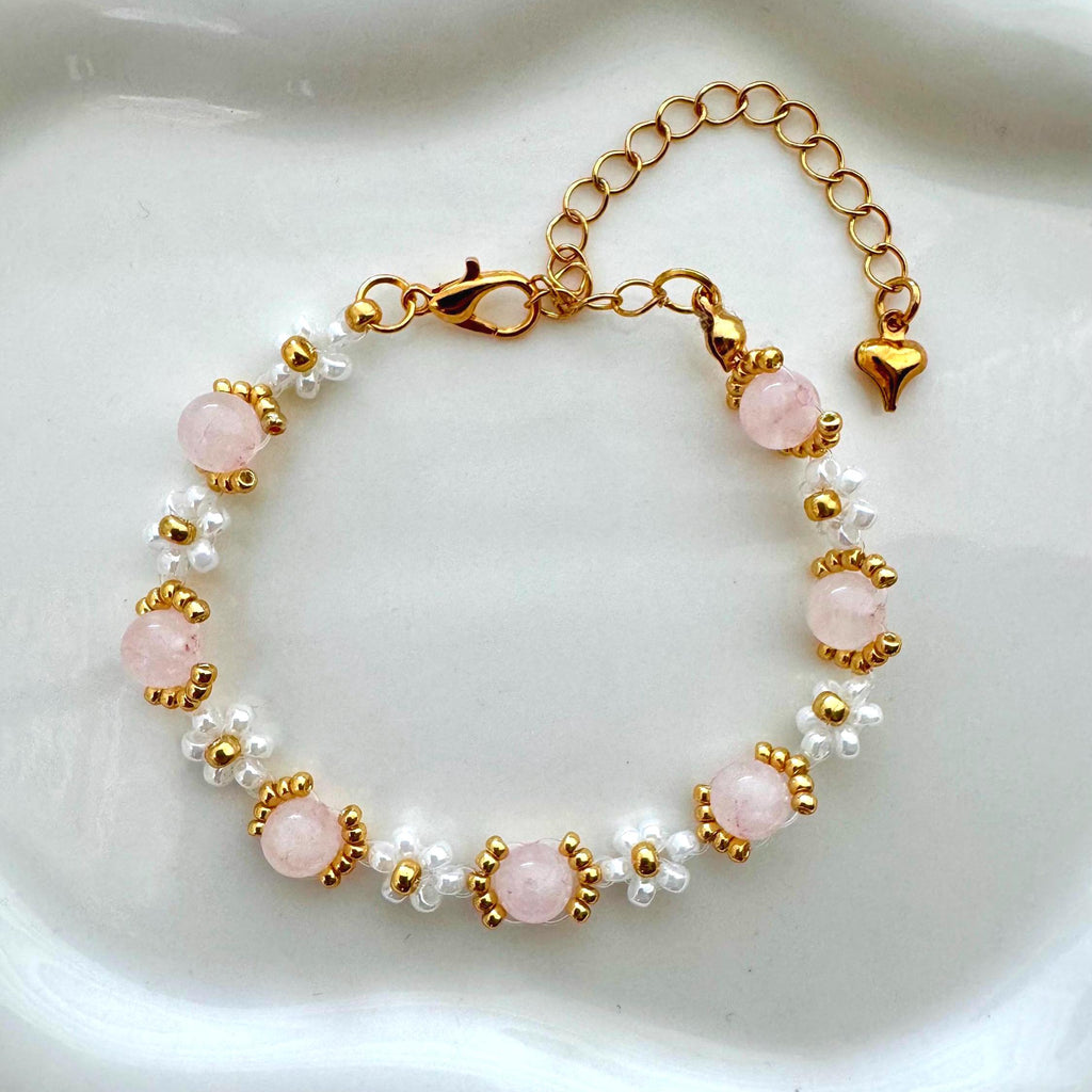 18k Gold Filled White Flower and Genuine Pink Moonstone Bracelet